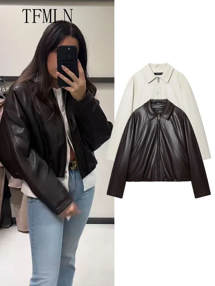 

High Street женские куртки из искусственной кожи, осень 2021, модные повседневные свободные пальто с лацканами и длинными рукавами, винтажная женская верхняя одежда на молнии