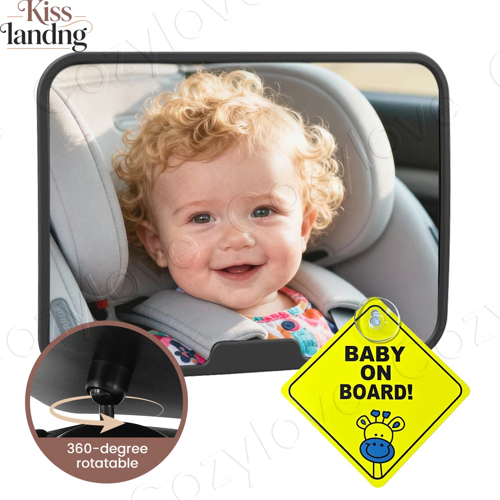360° Rotatable Baby Car Mirror with Baby on Board Sign, HD Safety Rear View Mirror for Backseat Infant Toddler