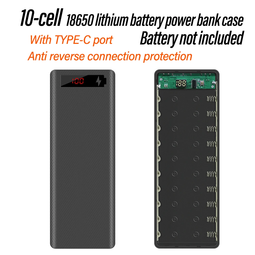 10 Cell 18650 Solder-Free Power Bank Kit Mobile Power Battery Case With LED Digital Power Display Buckle Design Without Battery