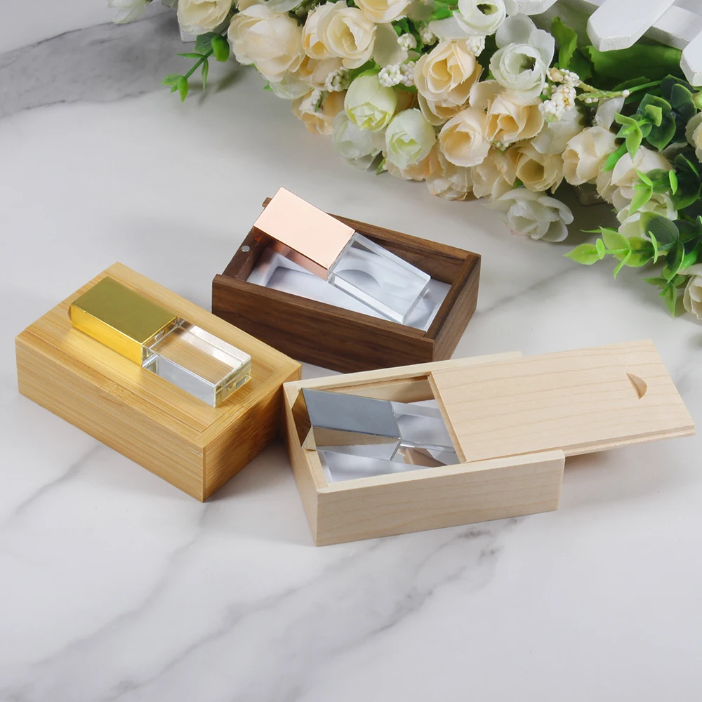 

JASTER Wood Box Crystal USB Flash Drives 128GB Free Custom Logo Pen Drive 64GB Real Capacity Memory Stick 32GB 8GB Creative Gift