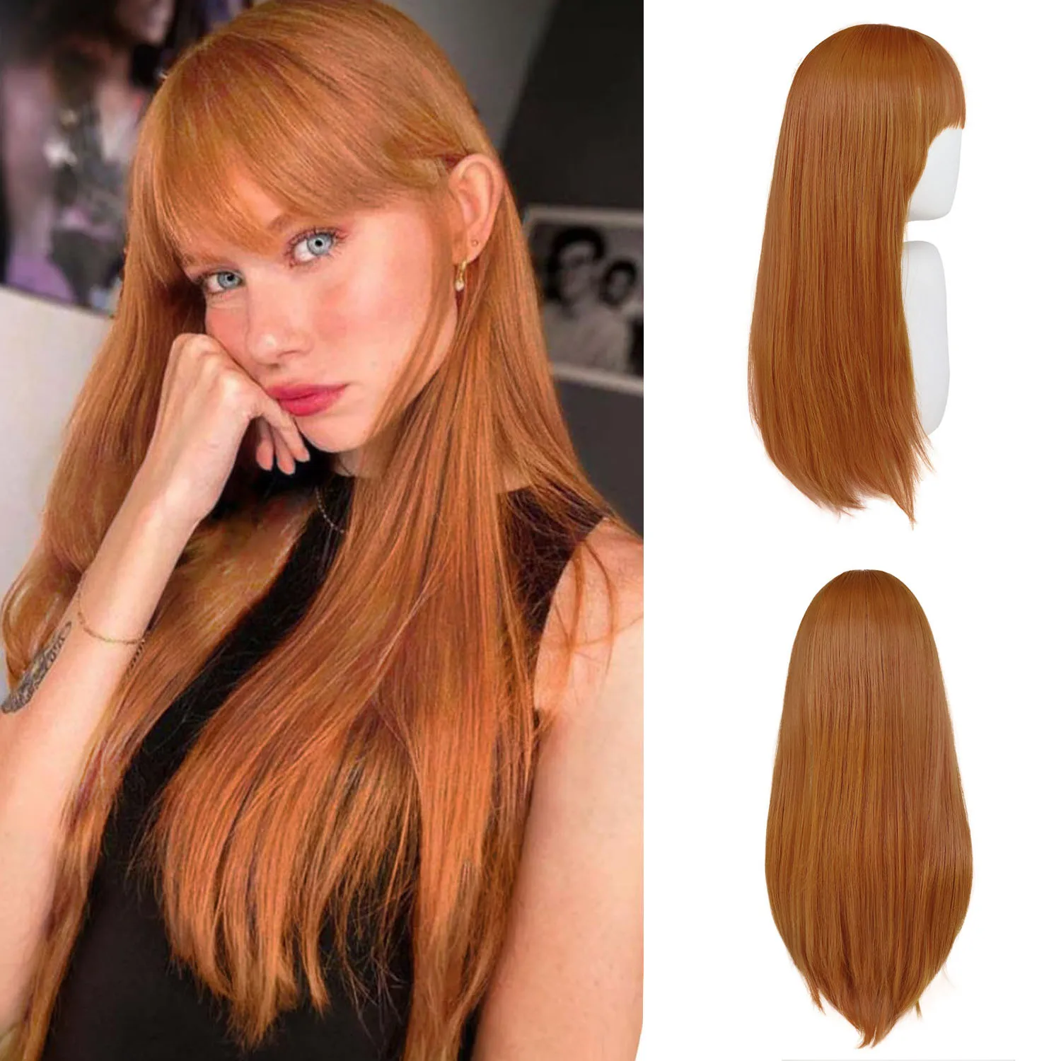 

24 INCH Ginger Wig with Bangs Synthetic Hair Long Straight Wigs for Women Orange Color Cosplay Wigs Halloween Costume Feemale