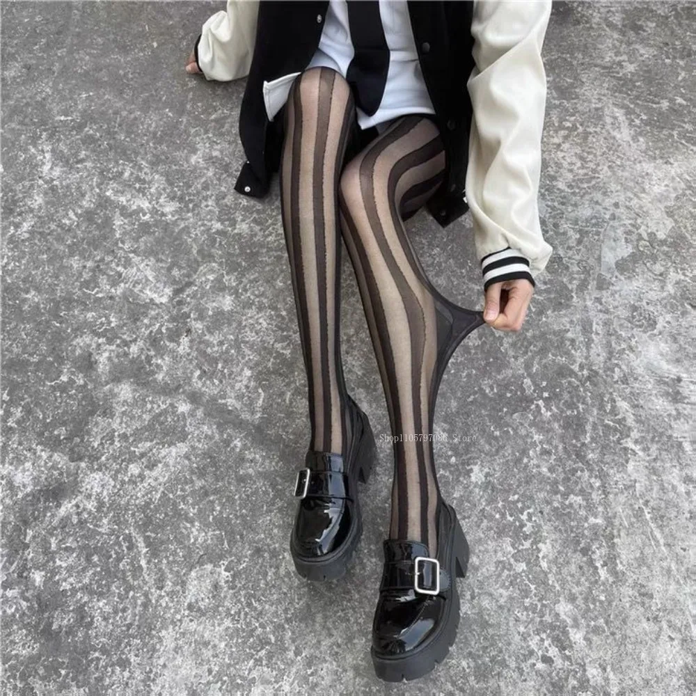 Black Vertical Striped Stockings Watermelon Strips Thin Sexy Black Tights Silk Ultra-thin Anti-hook Bottom Gothic Women's Socks