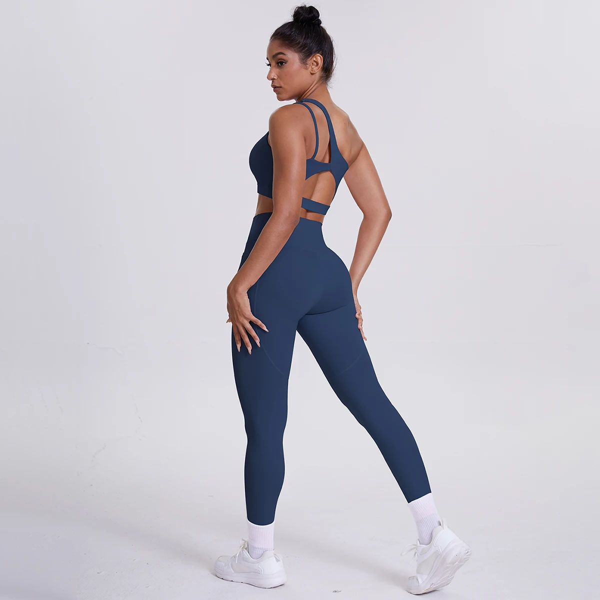 2-teiliges einfarbiges Sport-Yoga-Set für Damen, sexy, schräger Schulter-BH, Fitness-Top, Laufen, Radfahren, Taschen, Hosen, Fitnessstudio, Yoga-Set – Detail 13