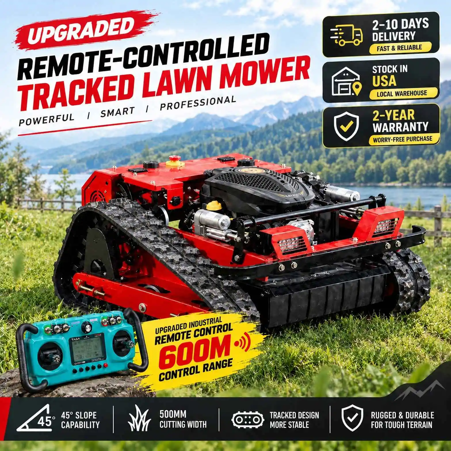 550mm Remote Control Tracked Lawn Mower 45° Slope Gas Powered Brush Cutter for Farm Orchard Land Clearing US Stock Fast Delivery