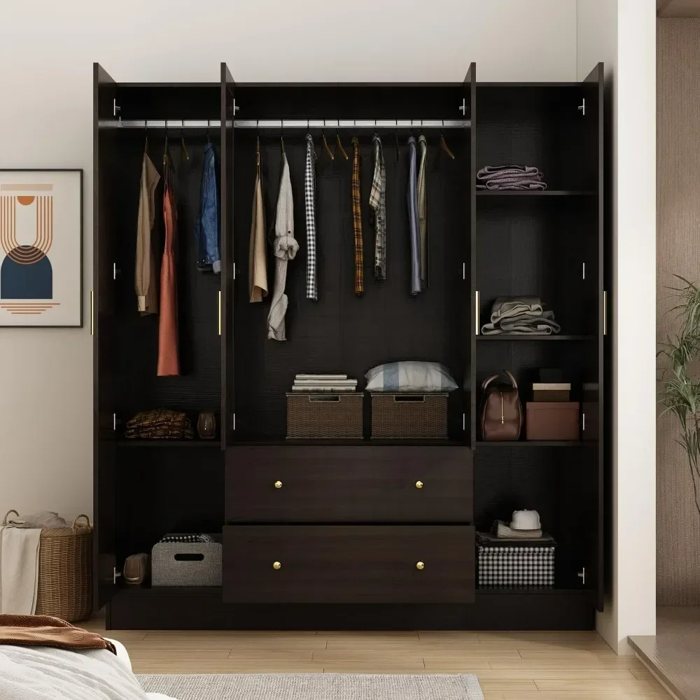 Wardrobe Armoire with Mirror, 5-Tier Shelves, 2 Drawers, 2 Hanging Rods and 4 Doors, Wooden Wardrobe and Armoire for Bedroom