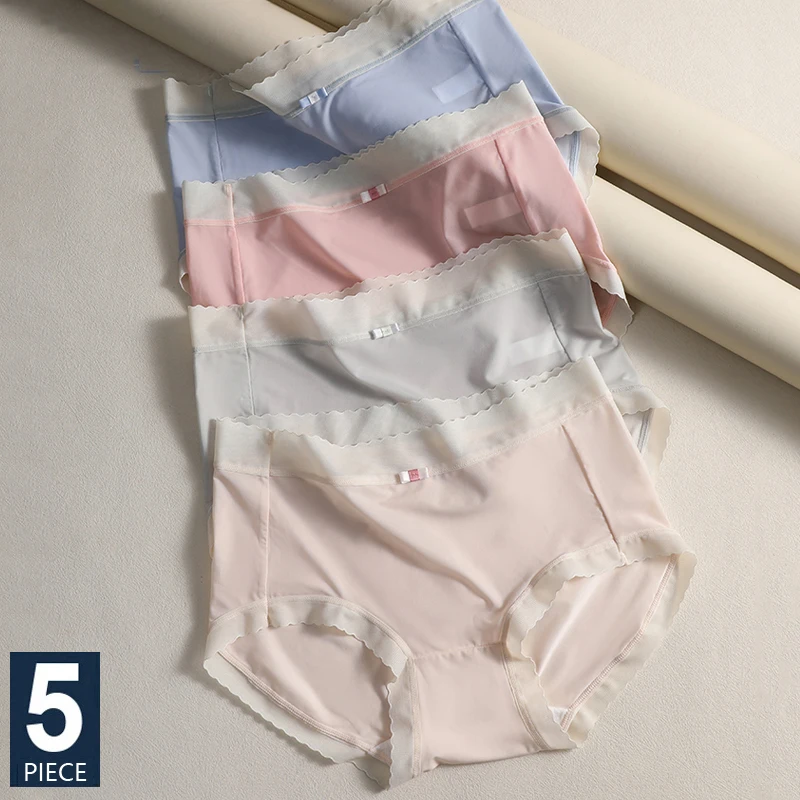 5 szt. Bezszwowe majtki damskie nylonowe bielizna oddychająca seksowne, niskie majtki damskie lodowy jedwab jednolity, damski M-XL rozmiaru bielizny