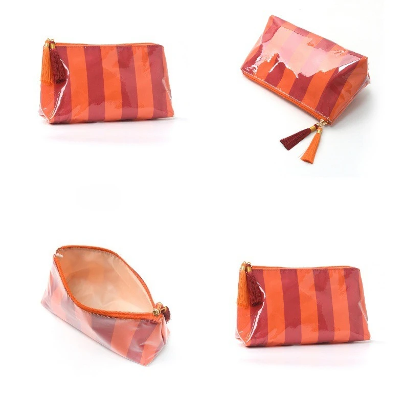 PVC Gestreifte Kosmetiktasche Make-up-Tasche mit Fransen und Reißverschluss Wasserdichte Reise-Toilettentasche Make-up-Pinsel-Etui – Detail 5