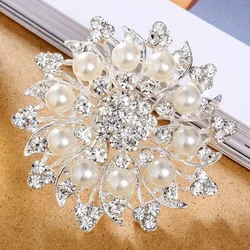 Women's Simple Rhinestone Pearl Clip Hollow Brooch Metal Flower Accessories