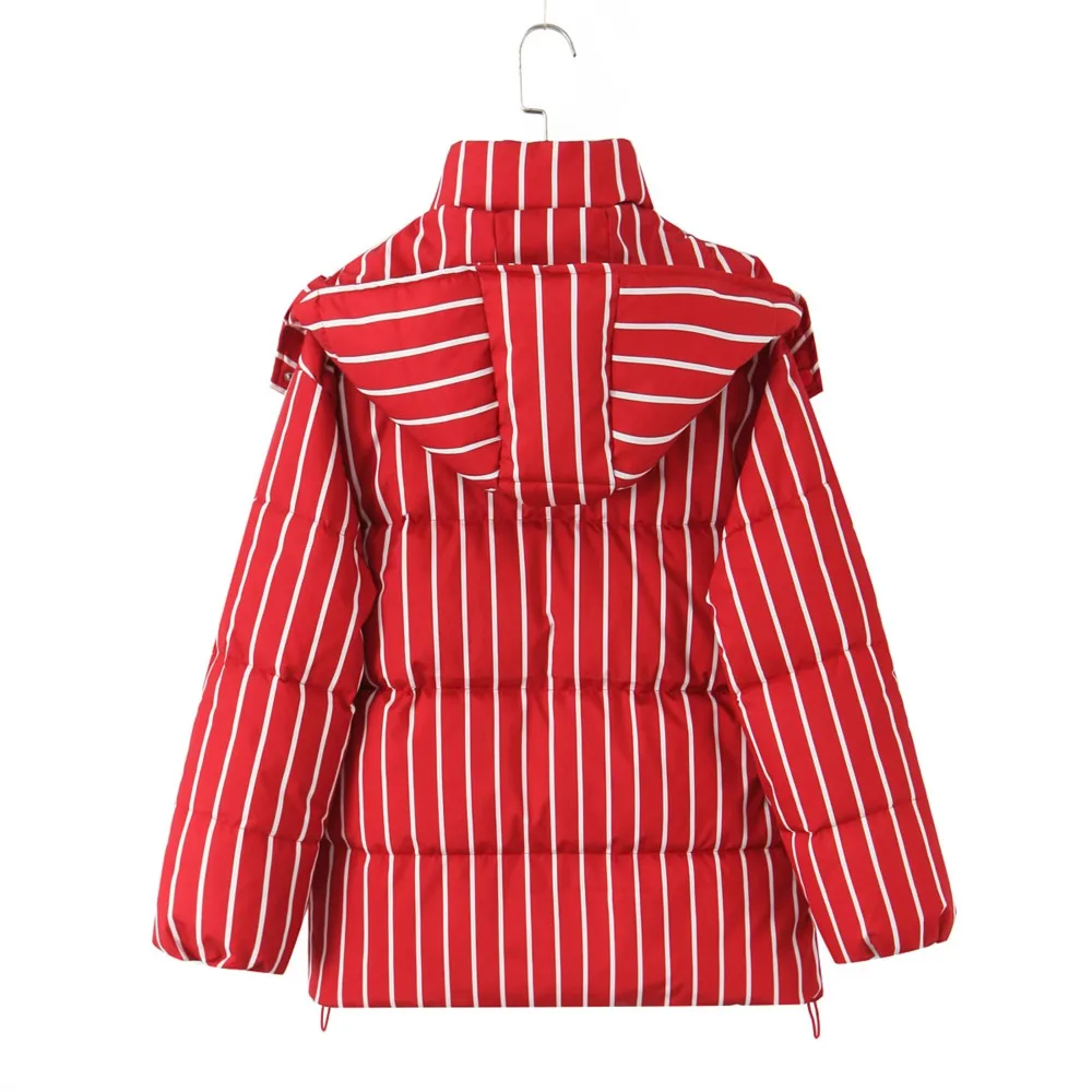 New Winter Fashion Women Zip Up Contrast Color Stripes Bread Parka Coat for Woman Removable Hat Hooded Long Sleeve Outerwear Red