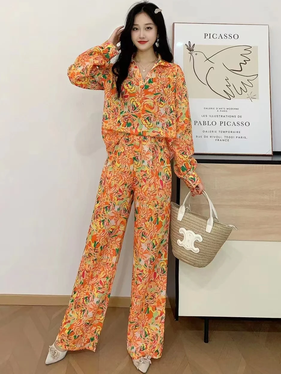 2024 New Spring Autumn Women Gorgeous Floral Pants Suit Long Sleeve Shirt And High Waist Wide Leg Long Pants Two Piece Set