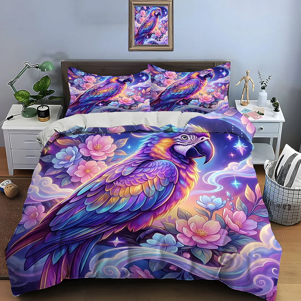 

Colorful parrot with dreamy flowers Bedding Set for Kids Luxury Gift 3pc Digital Print Comforter Set Soft Comfortable Breathable