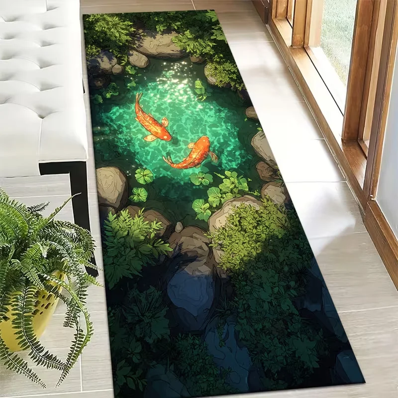 Koi Fish Pond Runner Rug 2D Printed Long Floor Carpet for Hallway Corridor Bedroom Bedside Decor Vivid Aquatic Scenery Home Rug