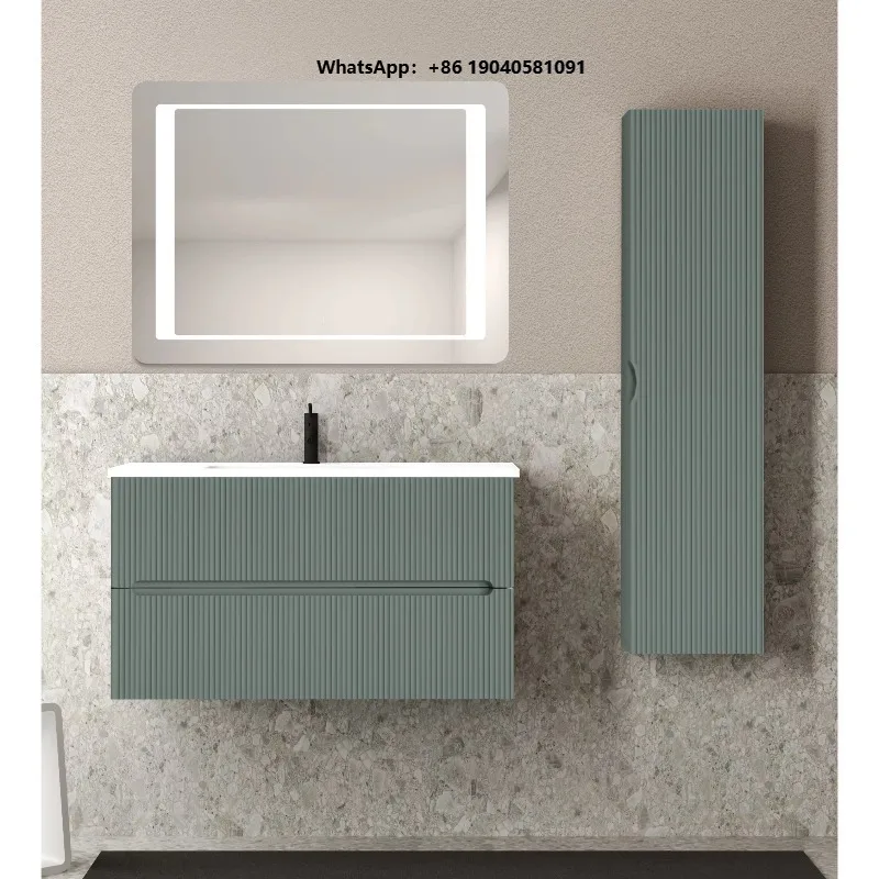 2301476 90 cm Matt Green Cabinet Resin Sink Clay-Style Mirror with Column Bathroom Set Composition