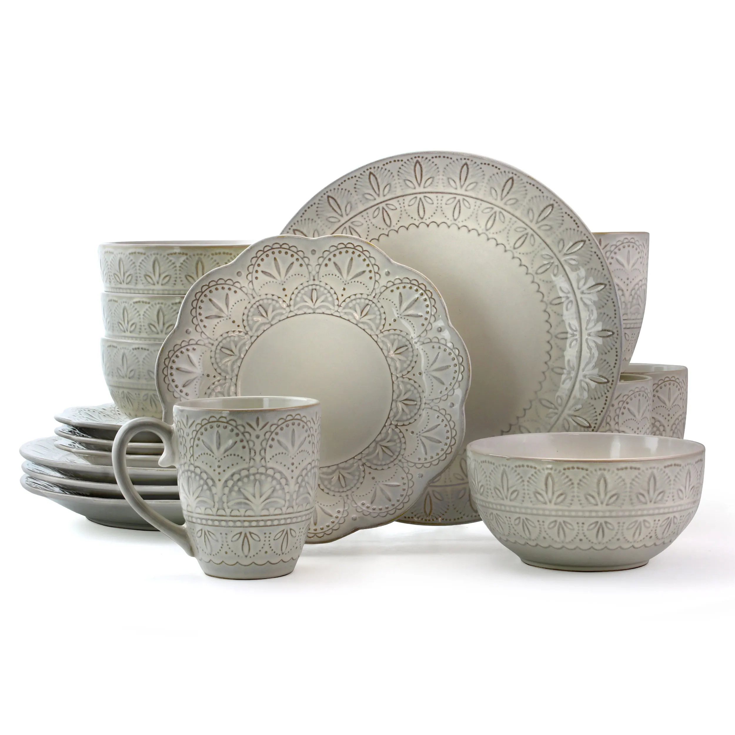 

White lace 16-piece stoneware dinnerware set for four people with elegant full place settings
