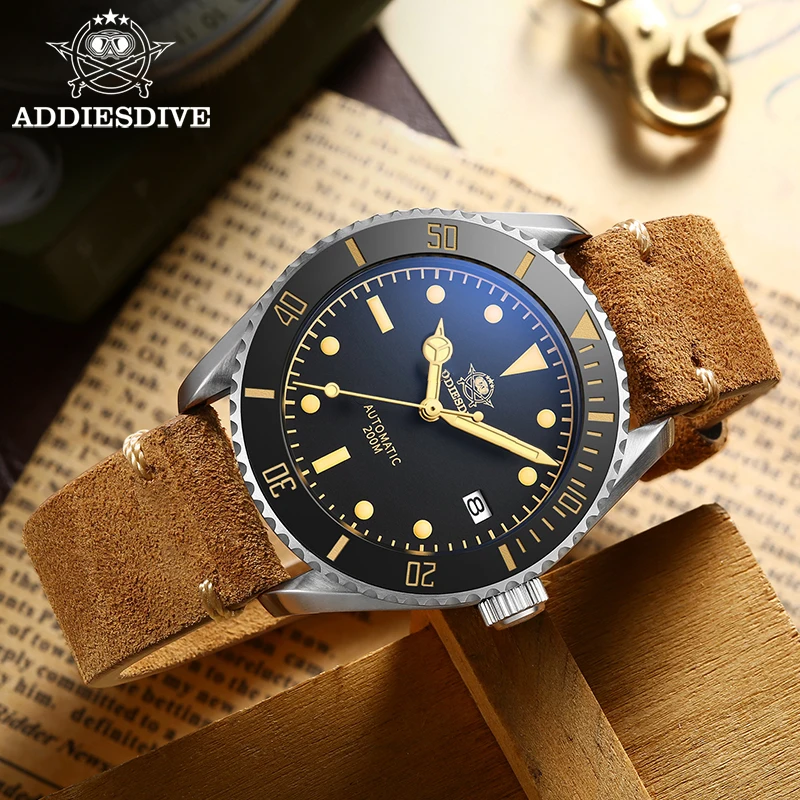 ADDIESDIVE Leather Mechanical Wristwatches Silver Waterproof Steel Analog Watches Luxury Men Sapphire Crystal Mechanical Watches