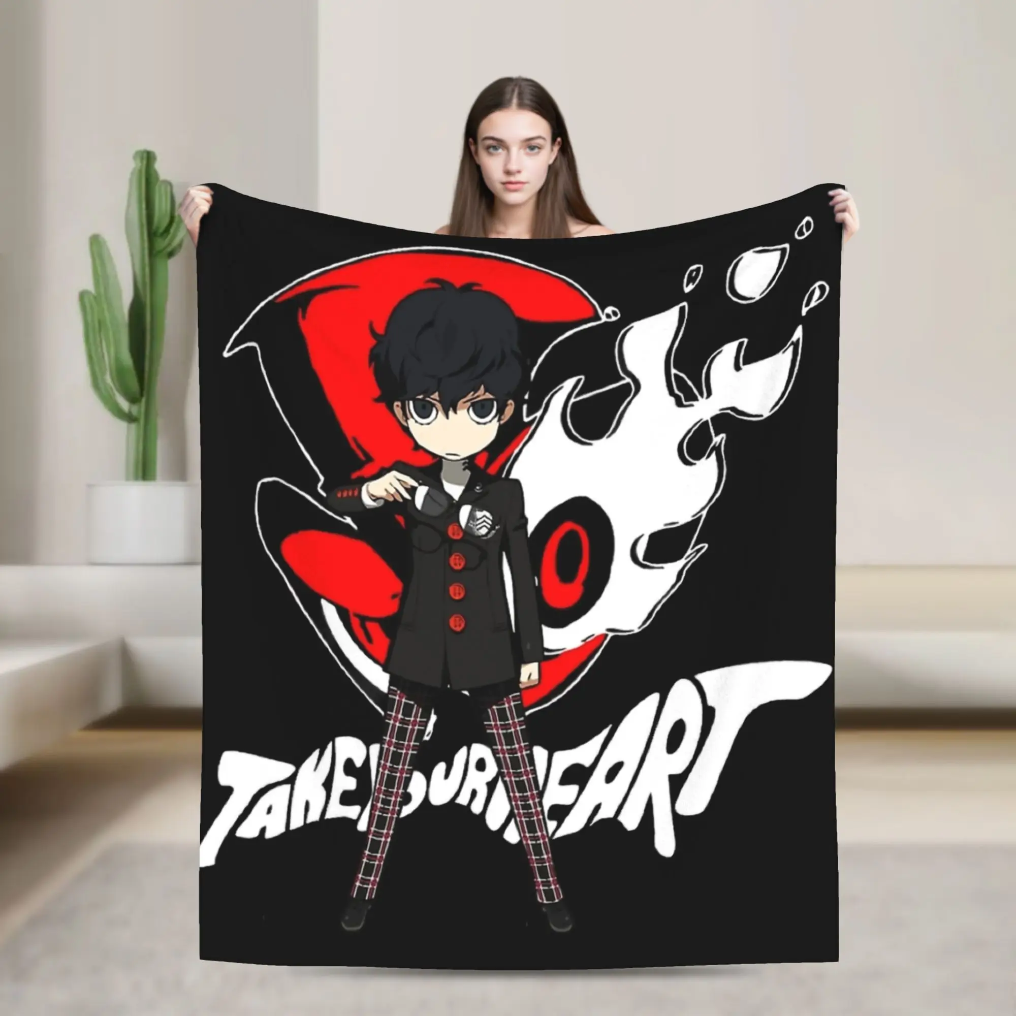 Persona Chibi Protagonist will take your heart  Knitted Blankets   Fuzzy Throw Blanket Home Couch Portable Soft Warm Bedspreads