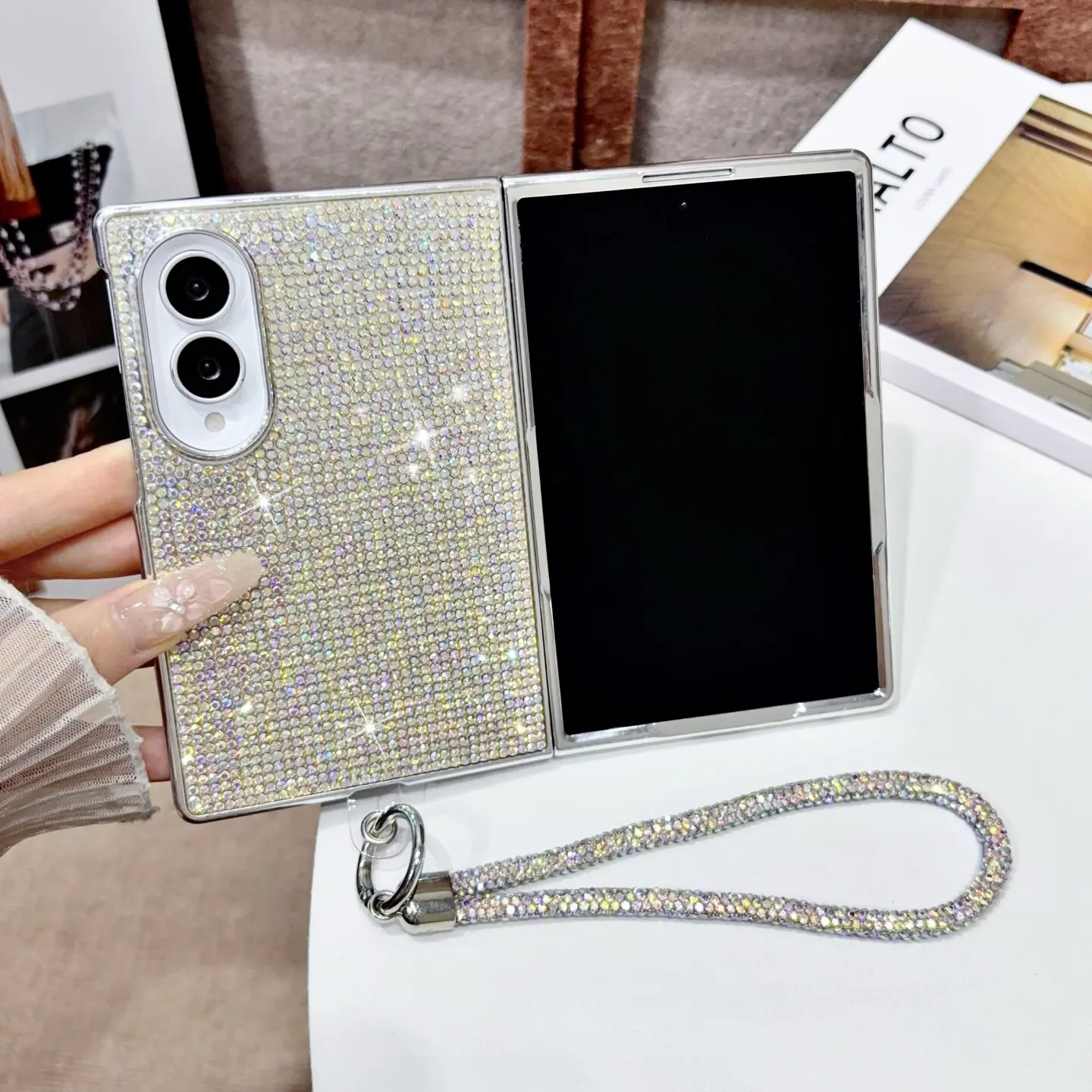 Bling Glitter Diamond Case For Samsung Galaxy Z Fold 8 7 6 5 Luxury Sparkly Rhinestone Cover Lanyard Shockproof Hard Phone Case