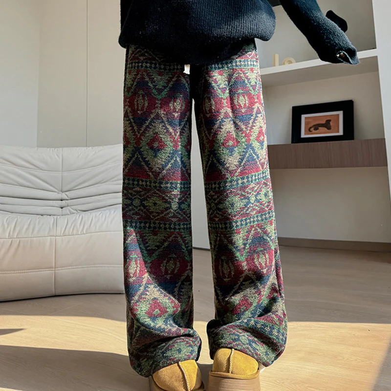 Etnische stijl mix kleur broek vrouw winter fleece dikker rechte broek vrouw mode losse hoge taille wijde pijpen broek dames