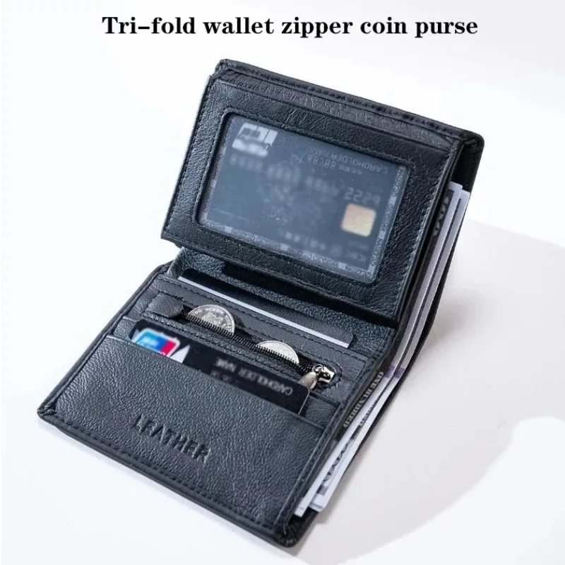 3-Fold Business Purse with Zipper Pocket & Multi-Card Slots Genuine Leather Men's RFID Blocking AntiTheft Wallet