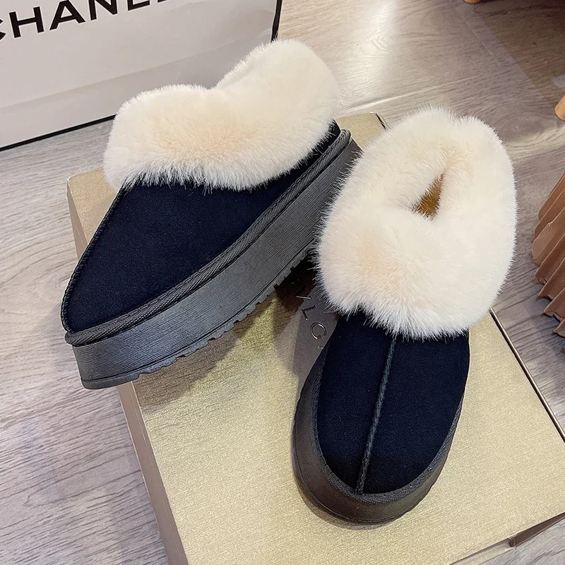 Winter Warm Thicken Plush Chunky Platform Cotton Slippers Women Flat Heels Fur Slippers Woman 2024 New Faux Suede Fluffy Shoes