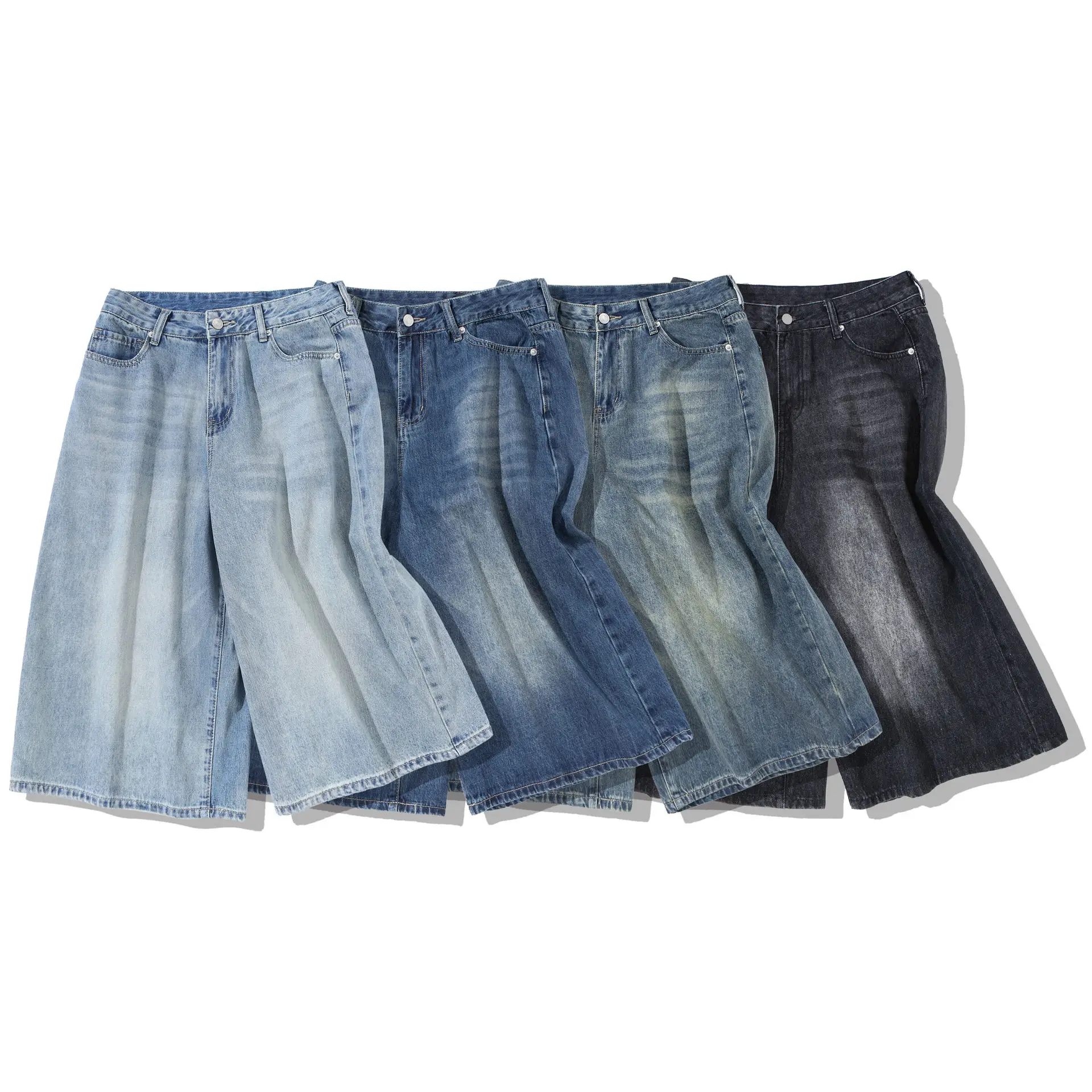 Spring Summer New Denim Pant Men Japanese Style Retro Calf-length Washed Denim Short Men Straight Wide Leg Short For Men