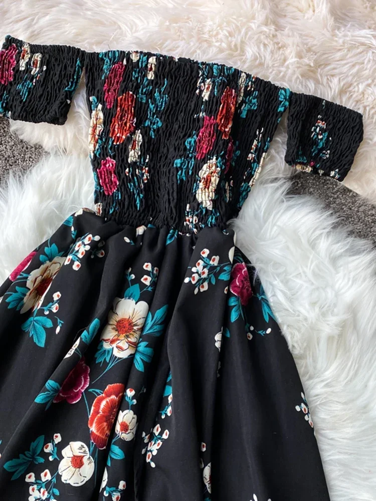 Summer Women\'s Irregular Slit Print Floral Long Dress One-way Neck Strapless Chest Wrap Short Sleeve Dresses LL006