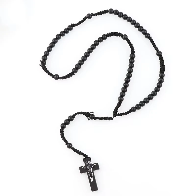 8mm Black/Brown/Wood/Khaki Wooden Rosary Beads Catholic Orthodox Cross Necklace for Men, Wooden Woven Rope Prayer Spiritual Gift