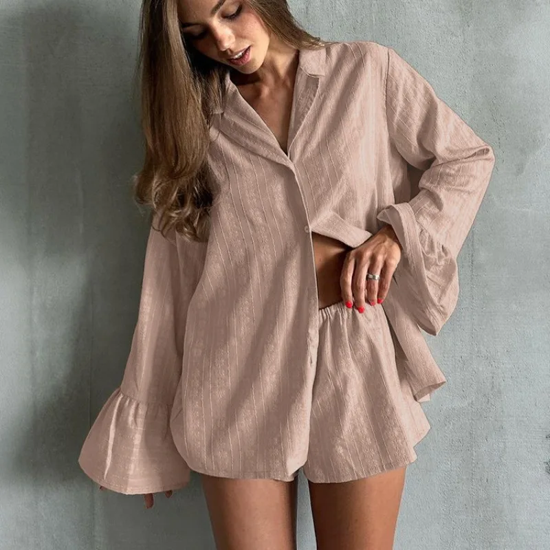 Women's Autumn New Fashion Long-Sleeved Short Pajamas Set Pure Cotton Jacquard Loungewear for Europe The United States L Size