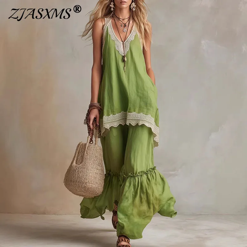 Women Lace Trim 2 Piece Matching Set V Neck Sleeveless Cami Ruffle Flare Wide Leg Pants Suit New Boho Summer Beach Resort Outfit