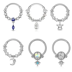 16G Septum Rings Dangle Septum Blue Planet Clear CZ Surgical Steel 316L Star Daith Earring Moon Helix Earring Nose Ring Piercing