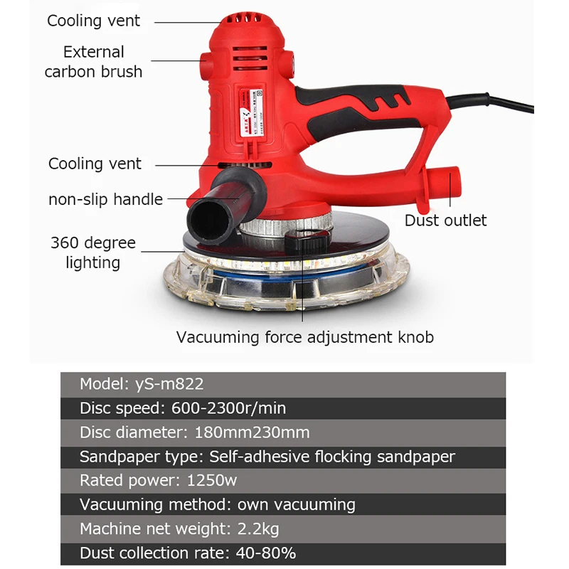 1250W Wall Polisher Drywall Sander Electric Drywall Sander Machine LED Light Wall Putty Decorating Tools Hand Grinder