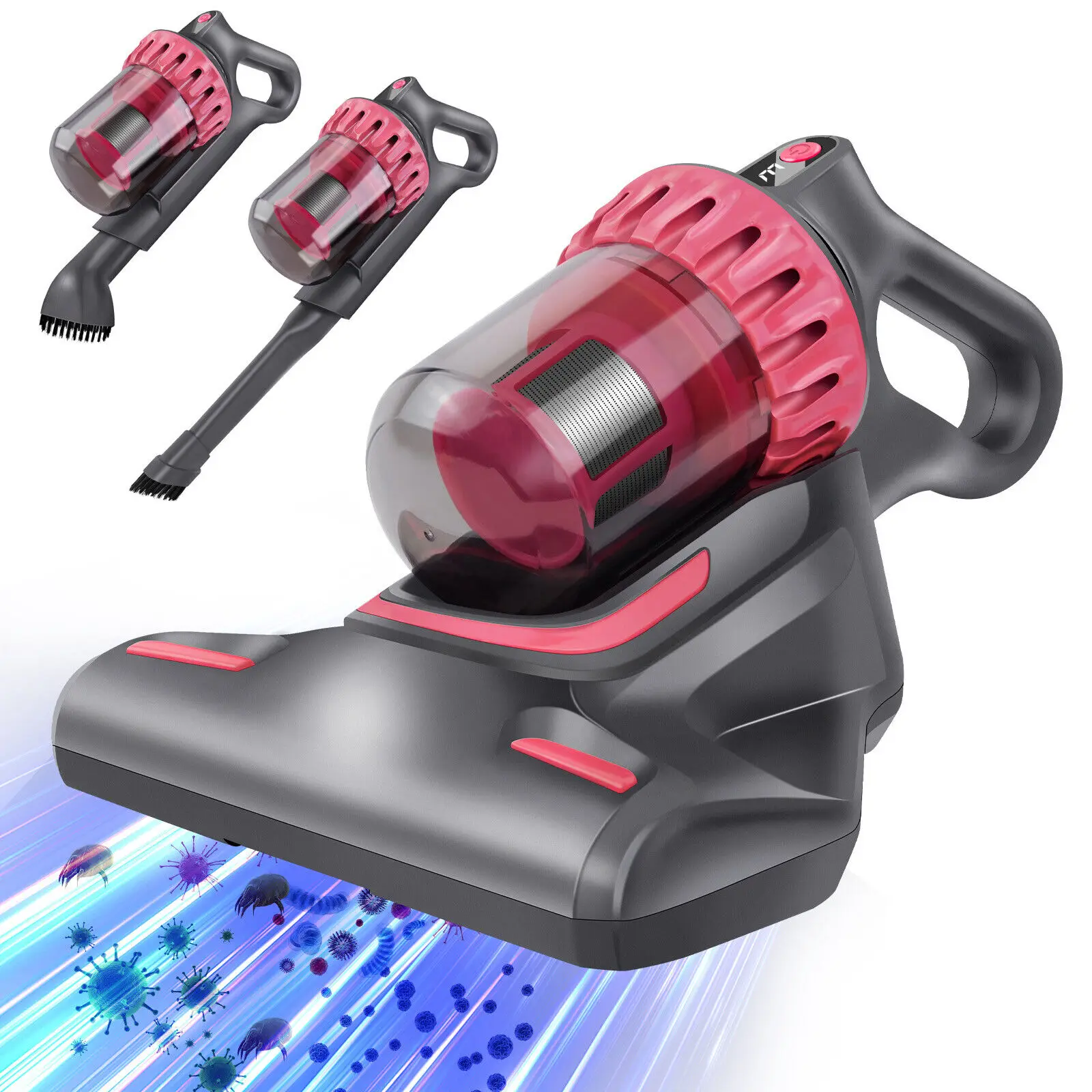 100W Mattress Vacuum Cleaner with UV Light, 10KPA Powerful Suction, Handheld, HEPA Filter, 3 Brush Heads, 200ml Dust Box