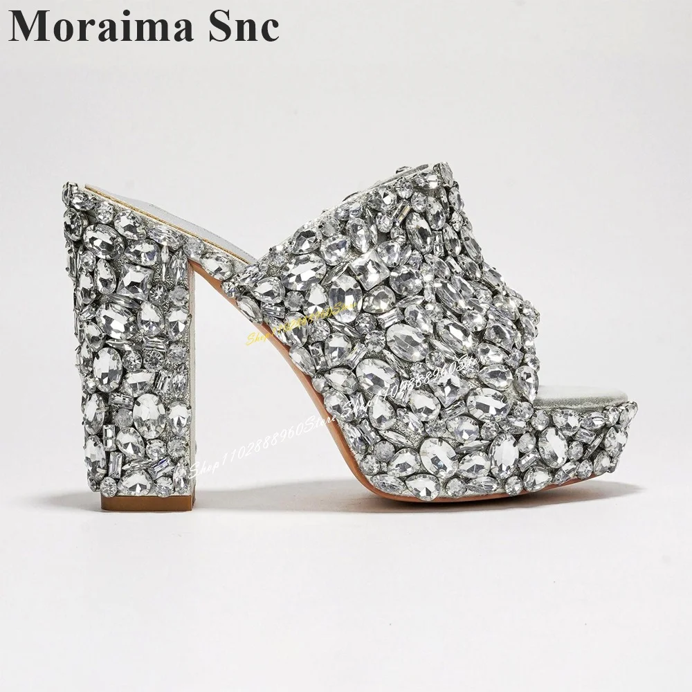 Silver Bling Crystal Decoration Platform Slippers Chunky High Heel Women Shoes Slip On Peep Toe 2024 Fashion Zapatos Para Mujere