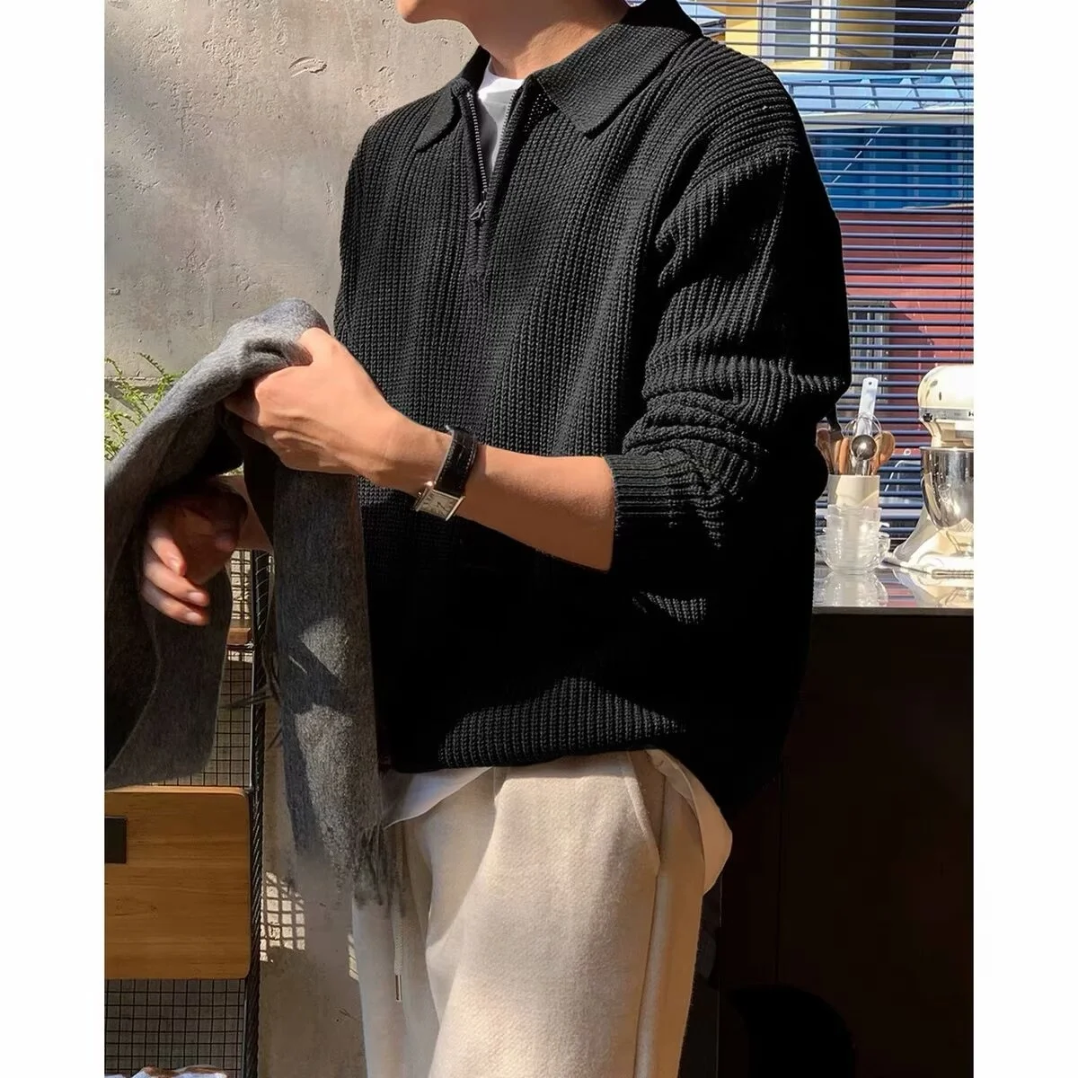 

Loose Fit Long Sve Zipper Ne Knitwear for Men Casual Sle Color Autumn Winter Sweater Comfortable Breathable M...