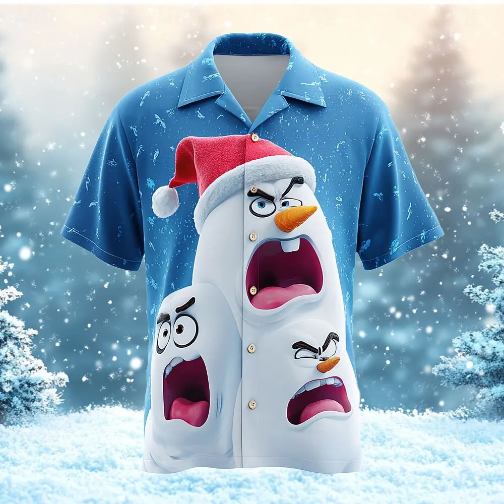 Men's Angry Snowman Graphic Short Sleeve Shirts Christmas Theme Casual Comfortable Button Lapel Shirt Loose Quick Drying Clothes