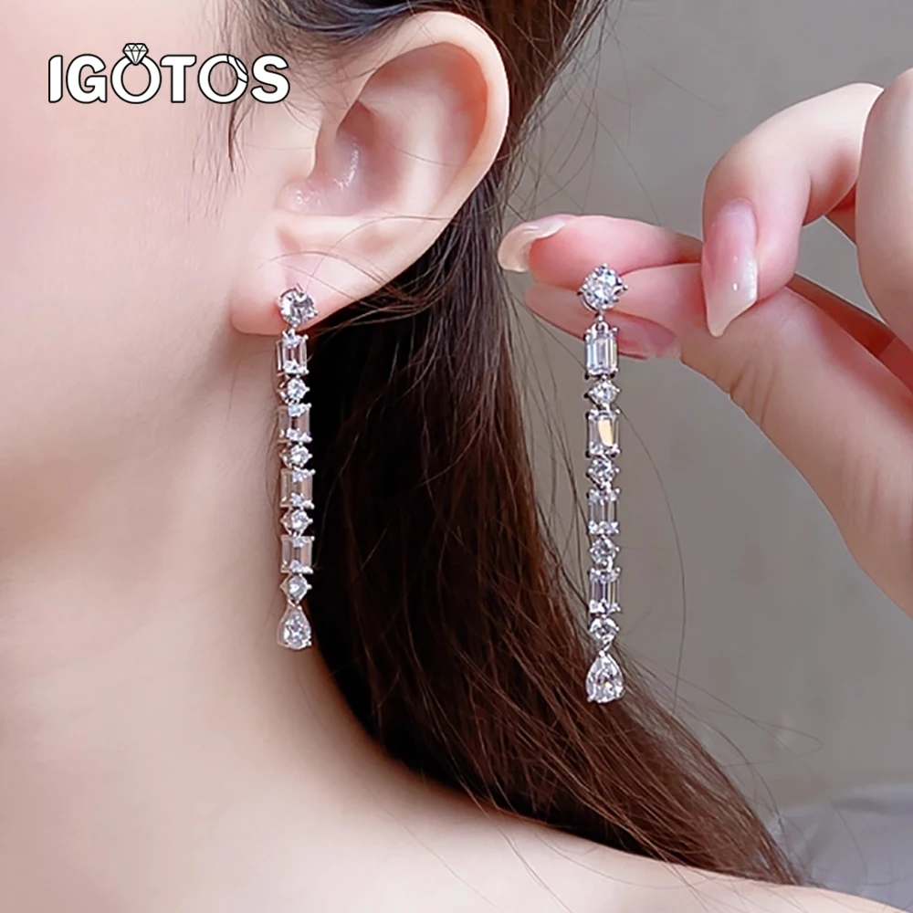 

IGOTOS 6.8CT Full Moissanite Long Tassel Earrings for Women S925 Silver Round & Emerald & Pear Cut Diamonds Drop Dangle Earrings