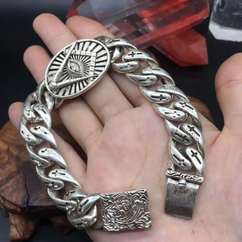 Vintage Engraved Old Silver Ethnic Bracelet for Men, Handmade Silver Plated Lucky Turn Fate Punk Hand Jewelry Gift