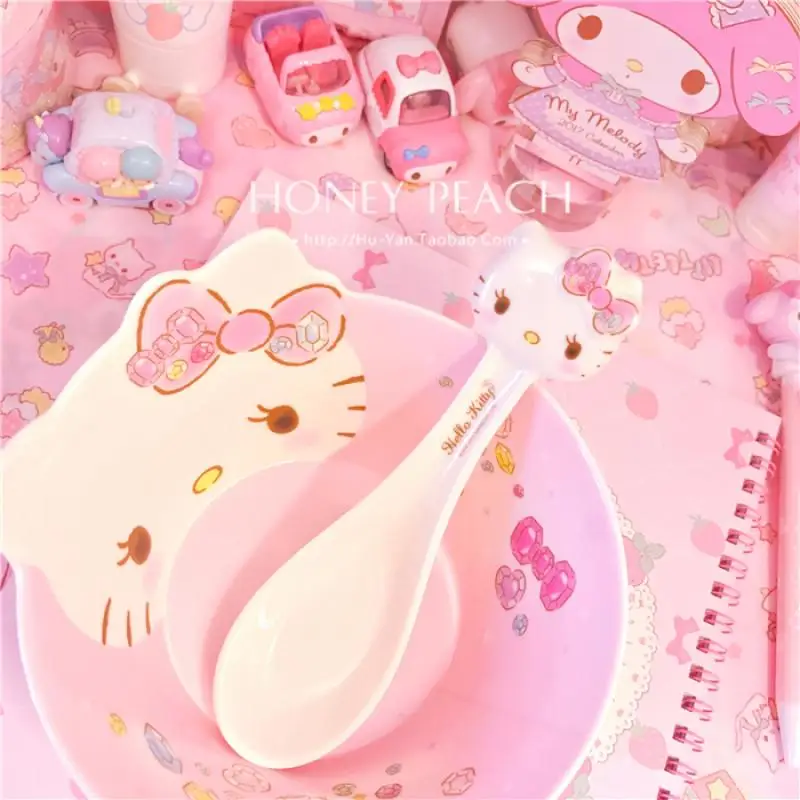 Kawaii Sanrio Tableware Accessories Hello Kittys Cartoon Melamine Bowl Set Cute Beauty Children Spoon Rice Soup Bowl Girls Gift