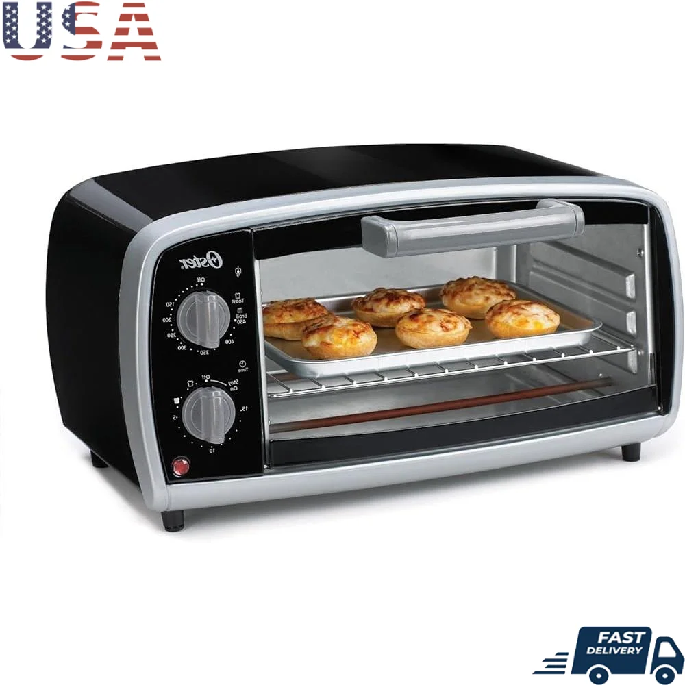 Compact Toaster Oven 4 Slice Dual Dial Controls Toast Bake Broil Temperature Range 150-450F Removable Crumb Tray 30 Min Timer