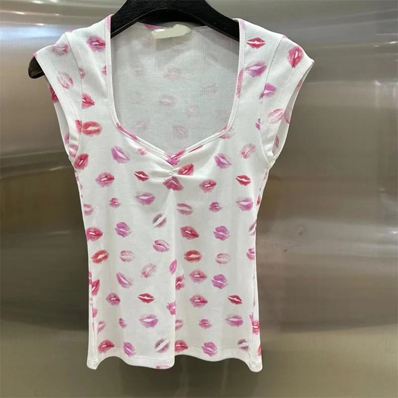 

Женская блузка с коротким рукавом и принтом губ, белая привлекательная облегающая блузка с квадратным вырезом и коротким рукавом, новинка 2023