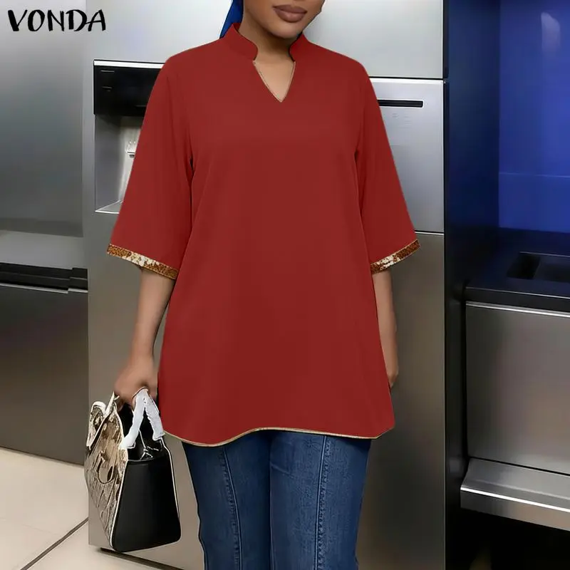 

Plus Size 5XL VONDA Women Tops Half Sleeve Blouse Fashion Summer V-Neck Color Patchwork Pullovers Casual Shirts Oversized Blusas
