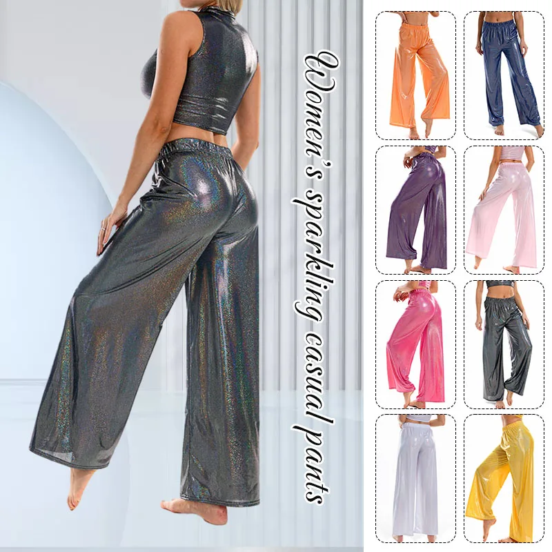 

Women Shiny Wide Leg Pants Elastic Waist Casual Loose Metallic Trousers Female Long Straight Pants Streetwear Yoga Dancing Pants