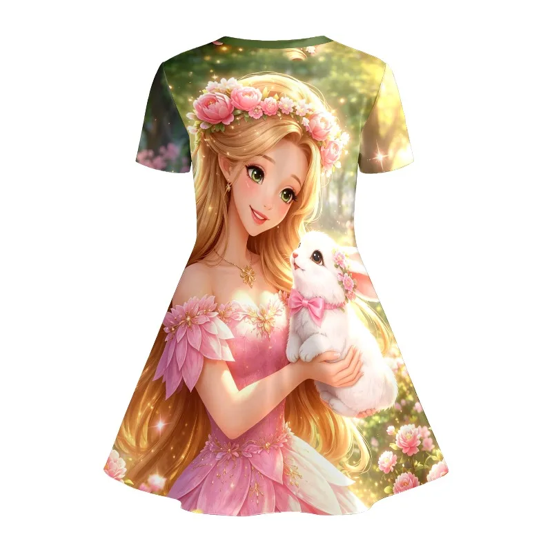 Girl's Long Haired Princess and Rabbit Print Pink and Green Short Sleeved T-shirt Dress Suitable for Birthday Parties or Gifts view 3