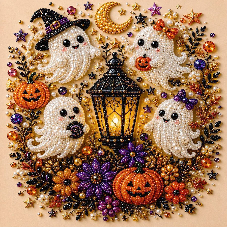 Halloween Hexen-Geister-Perlen-Kunst-DIY-Set, Perlen-Malset für Erwachsene, Halloween-Perlen-Diamant-Malerei (verschiedene Designs verfügbar: Highland-Kuh, Hexe, Geist, Kürbis, Schwarze Katze, Totenkopf, Krähe), handge – Detail 9