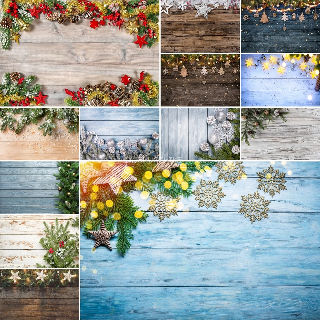 

Christmas Pine Wooden Backdrop Boards Wood Product Photography Background Ornament Star Lighting Snowflake Shooting Prop