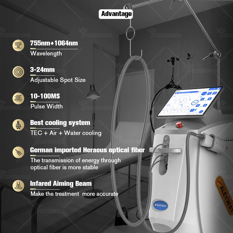 Professional Alexandrite 755nm Long Pulse Hair Removal Machine Alex 1064nm Nd yag 4000W Power Painless Permanent Pigment Lesions