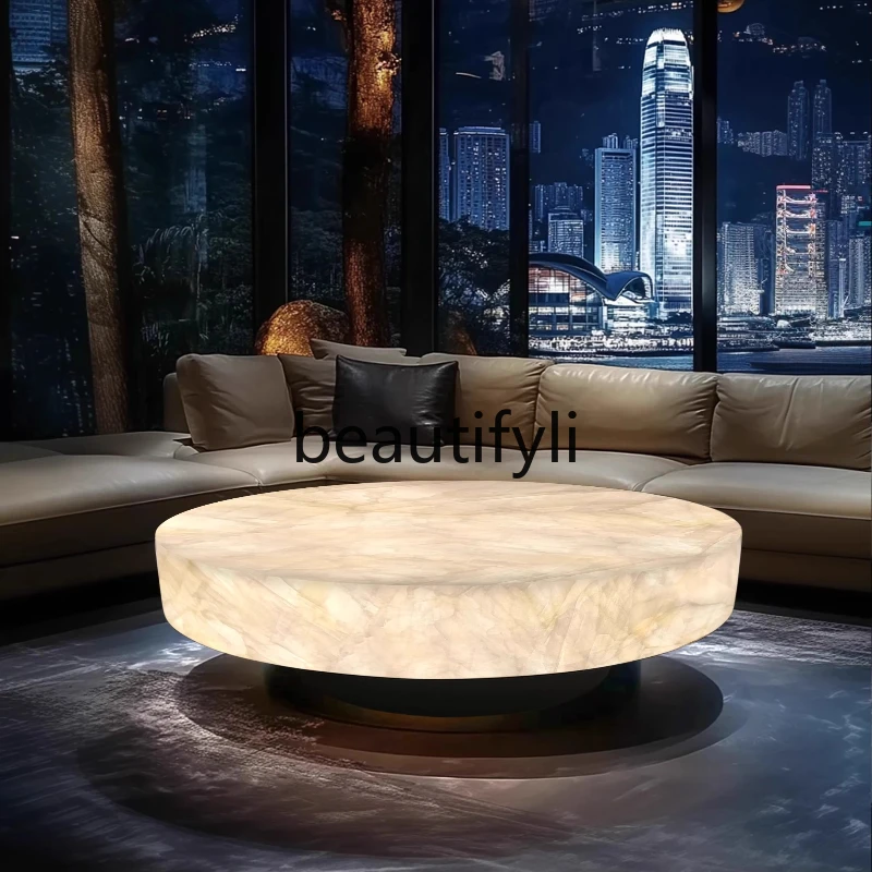 

Round Luminous Coffee Table Living Room White Ice Jade Marble High-End Light Luxury Minimalist Ice Crack Jade Table