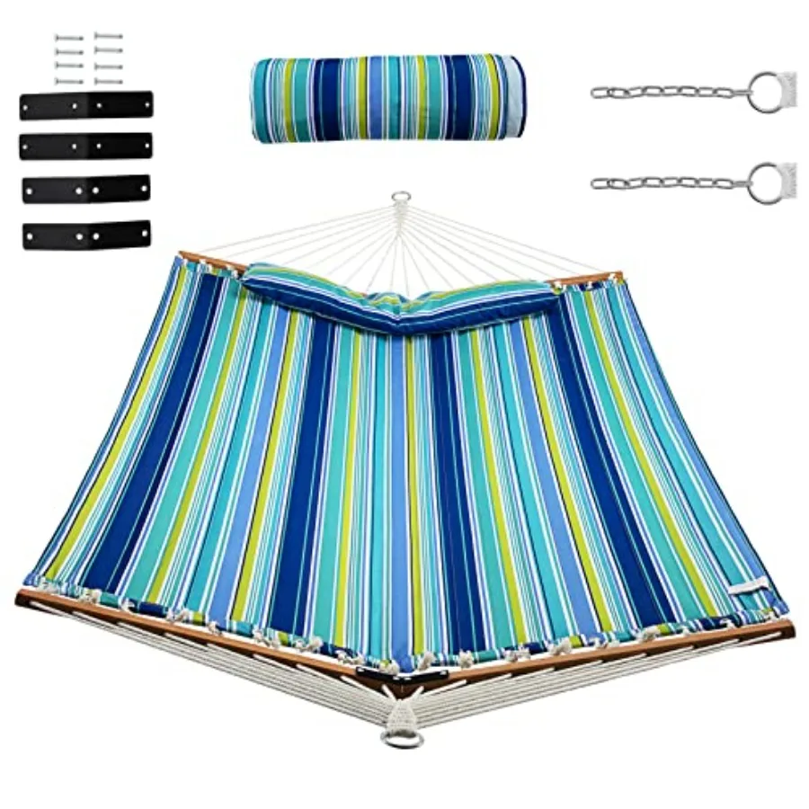 

Camping hammock swing for patio, backyard, poolside with spreader bar; hand-woven cotton ropes; blue and green; detachable pill