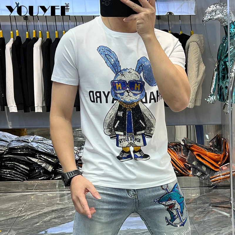 

T-shirts Men's Rabbit Hot Diamond Couple Tees Fashion Brand 2023 Summer New Slim Round Neck Male Tops Heavy Craft Clothing 6XL