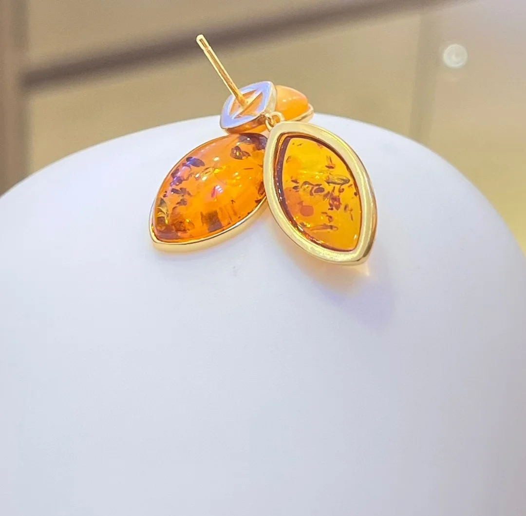 

Certificated S925 Silver Baltic Flower Amber Marquise Ear Stud Cushion Antique Yellow Amber Drop Dangle Earring Precious Jewelry